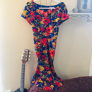 Blue Floral Scallop Neck Pencil Dress Size 14 L